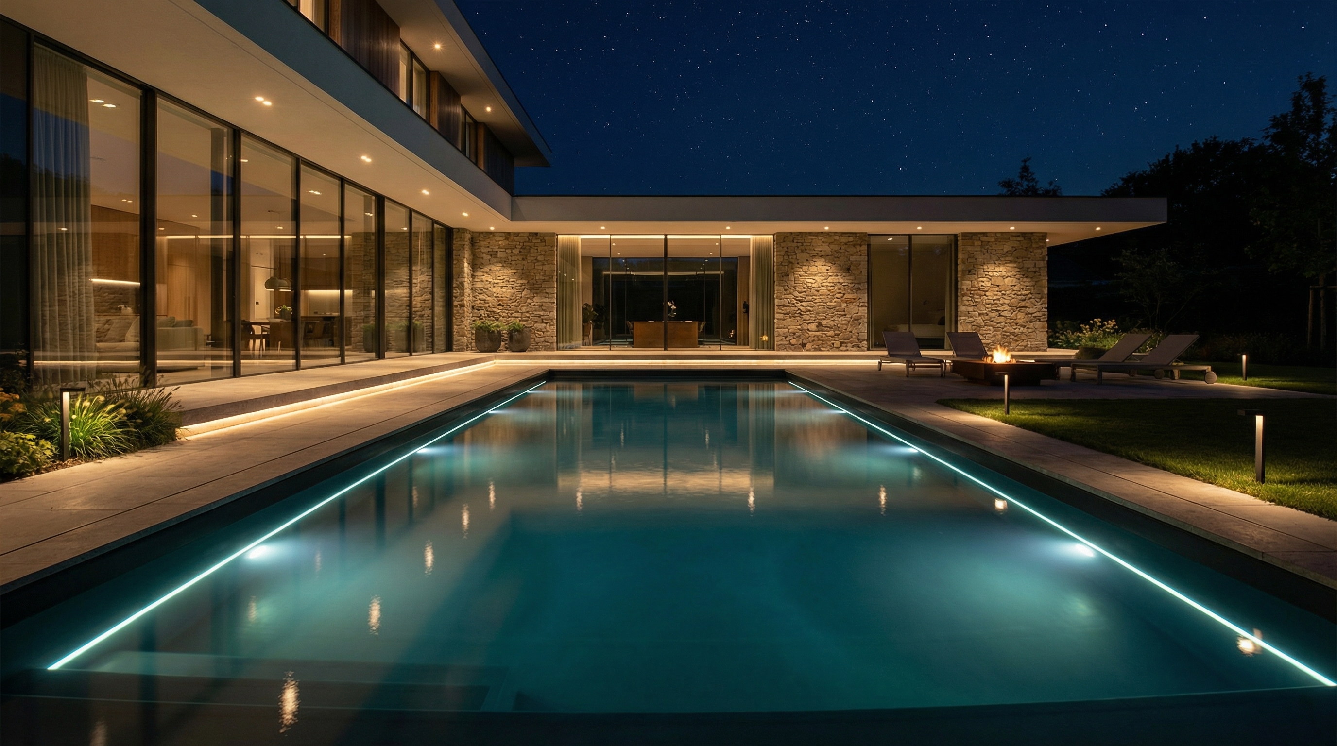 Swimming pool at night with elegant underwater lighting